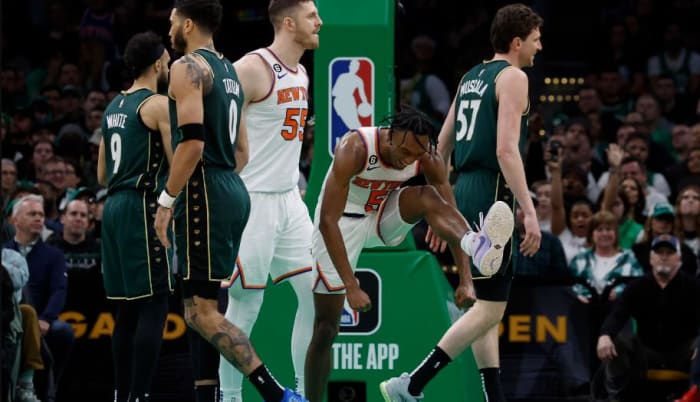 Quickley (2nd from right) celebrates during his 38-point showcase from last season in Boston